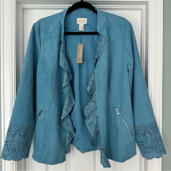 Chico's‎ Faux Suede Perforated Drape Jacket Size Large Blue NWT - Picture 3 of 11